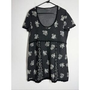 European Boutique Black White Knit Boho Babydoll Tunic Dress Size XL